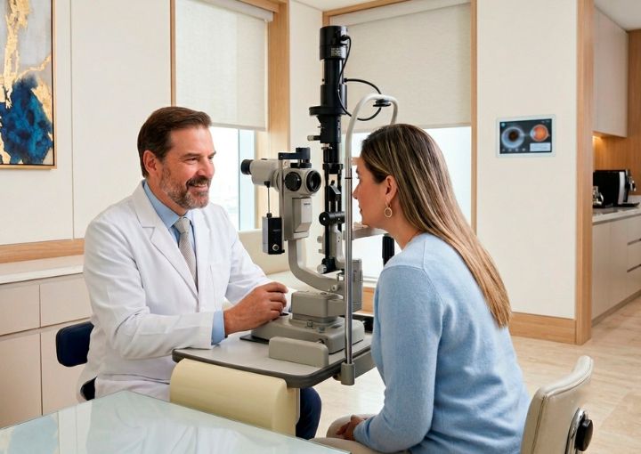 Oftalmólogo especialista en Medellín examinando los ojos de una paciente con lámpara de hendidura en un consultorio moderno.
