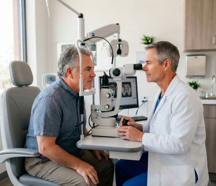 Paciente durante la valoración previa a una cirugía de cataratas con tecnología especializada en Clínica Láser de Ojos Medellín.