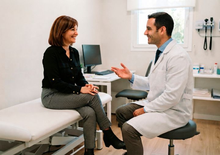 Médico especialista conversando con una paciente en consulta médica de valoración para blefaroplastia en la Clínica Láser de Ojos Medellín.