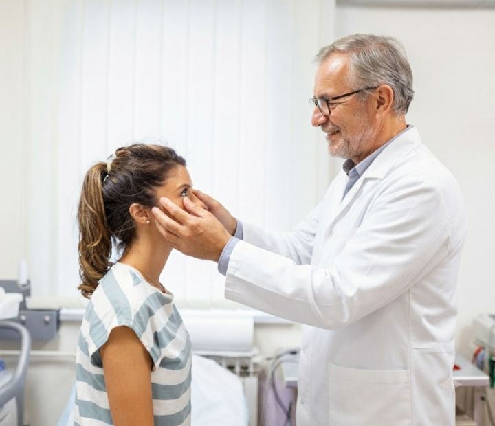 Oftalmólogo especialista examinando los ojos de una paciente en la Clínica Láser de Ojos Medellín para tratamiento-ojo-seco