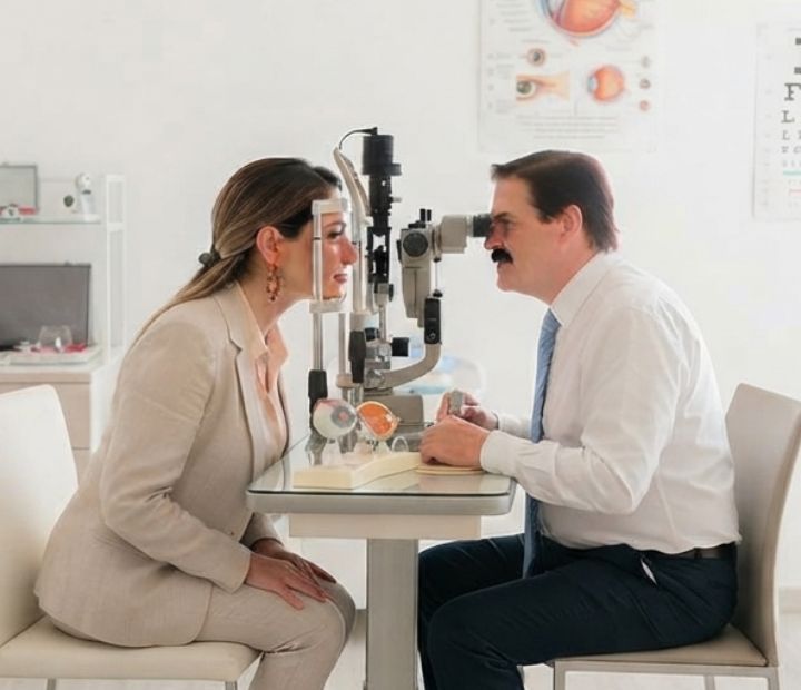 Oftalmólogo utilizando lámpara de hendidura para examen ocular a paciente en la Clínica Láser de Ojos Medellín.