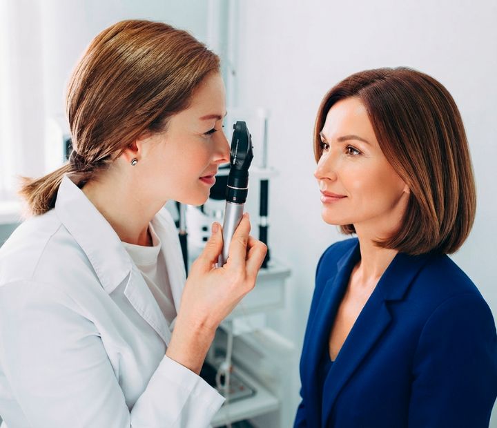 Oftalmóloga realizando un examen diagnóstico con oftalmoscopio a una paciente en la Clínica Láser de Ojos Medellín.