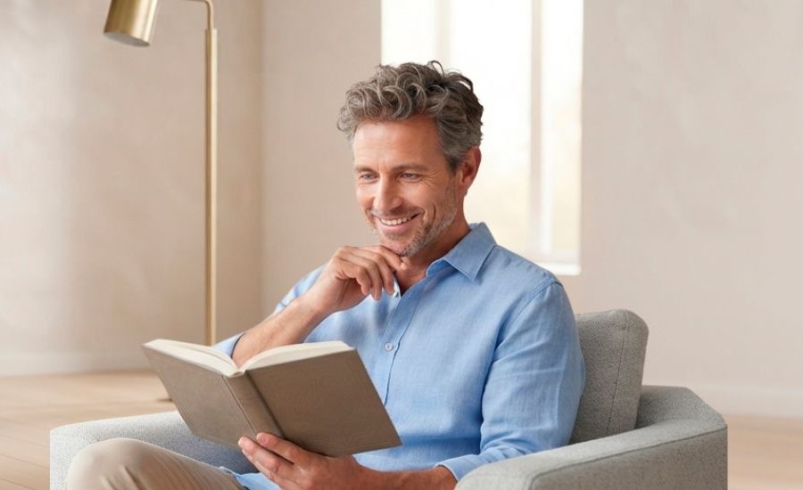 Hombre sonriente leyendo un libro con total comodidad y claridad visual tras su cirugía LASIK con Éxcimer Láser en la Clínica Láser de Ojos Medellín