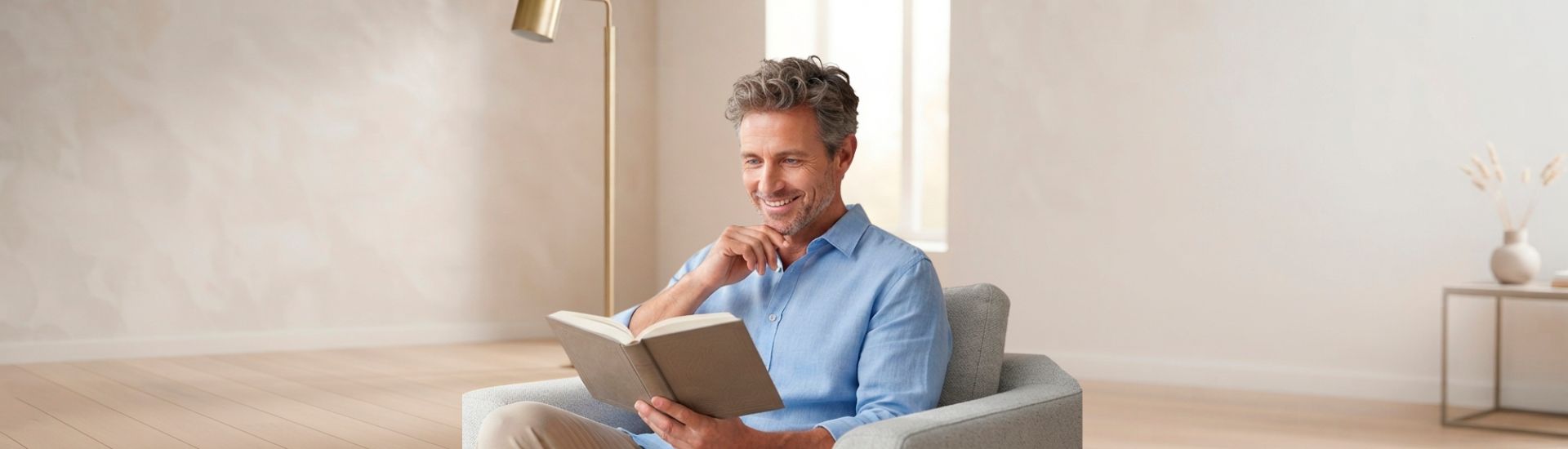 Hombre sonriente leyendo un libro con total comodidad y claridad visual tras su cirugía LASIK con Éxcimer Láser en la Clínica Láser de Ojos Medellín