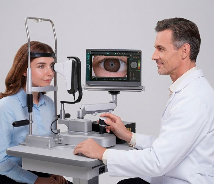 Optómetra utilizando equipo de alta tecnología para diagnóstico visual en Clínica Láser de Ojos en Medellín
