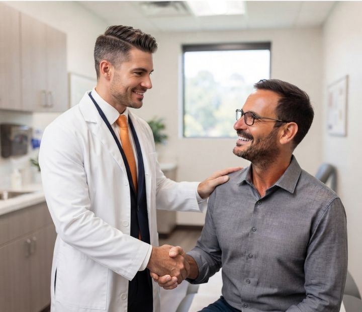 Oftalmólogo estrechando la mano y sonriendo con un paciente satisfecho en el consultorio de Clínica Láser de Ojos Medellín